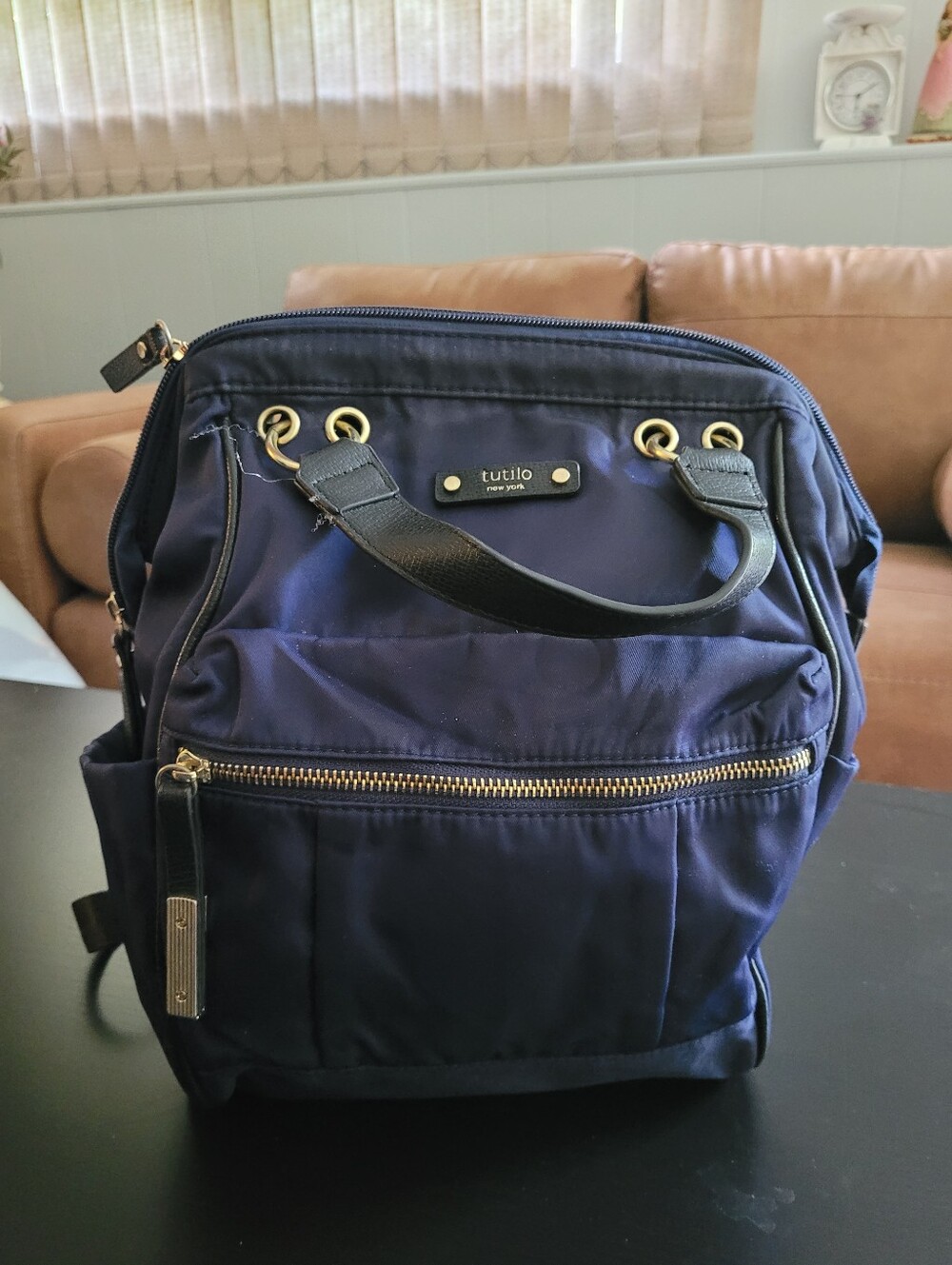 Tutlito navy nylon tote backpack with gold hardware